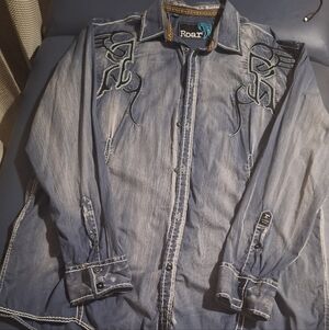 Roar Blue Washed Denim Distressed Shirt with Embroidery 3xl Very Nice Material
